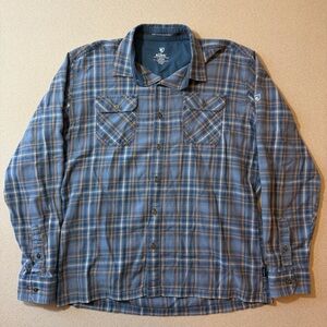 Kuhl Men’s Large Dillingr Flannel Shirt Blue Gold Heathered Tencel Plaid Outdoor